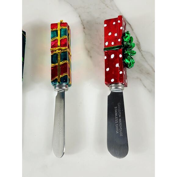 Boston Warehouse Cheese Butter Spreaders 90's Christmas 4 7/8 Stainless China x4 - Picture 3 of 13